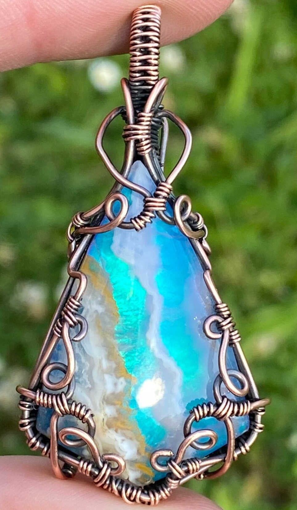 Sky Aurora Doublet Copper Wire Wrapped Pendant.