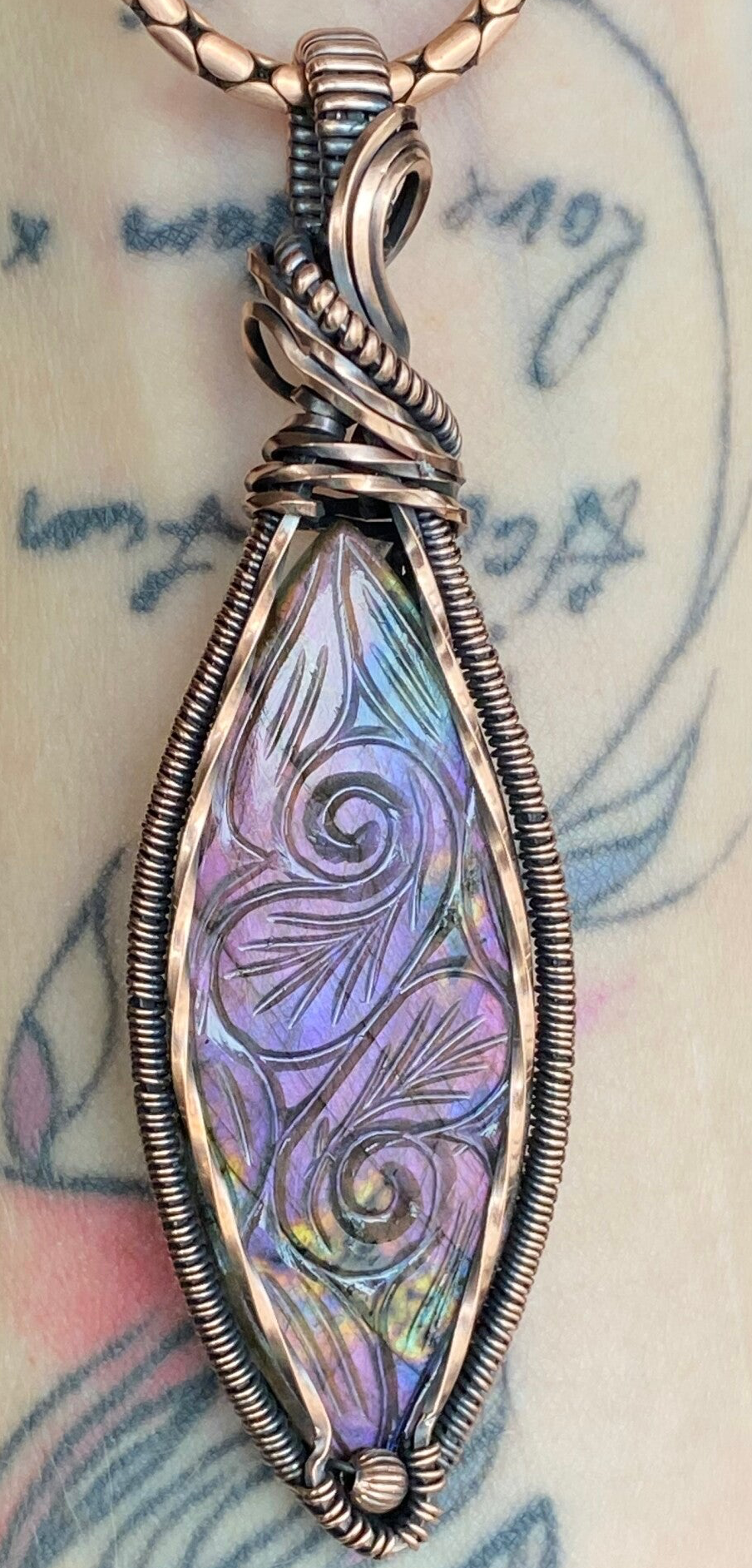 Carved Labradorite Copper Pendant.
