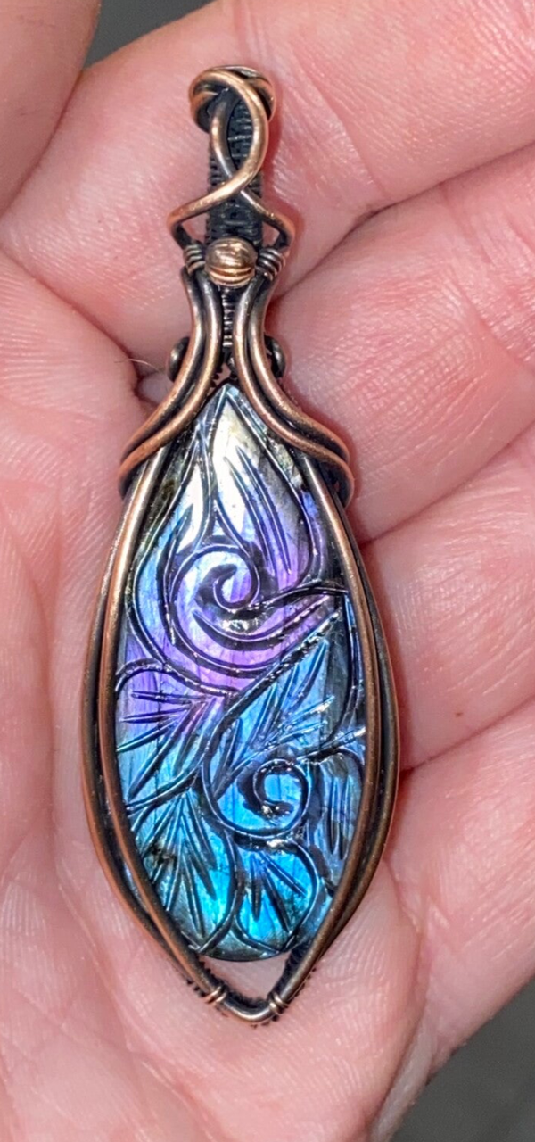 Carved Labradorite Copper Pendant.