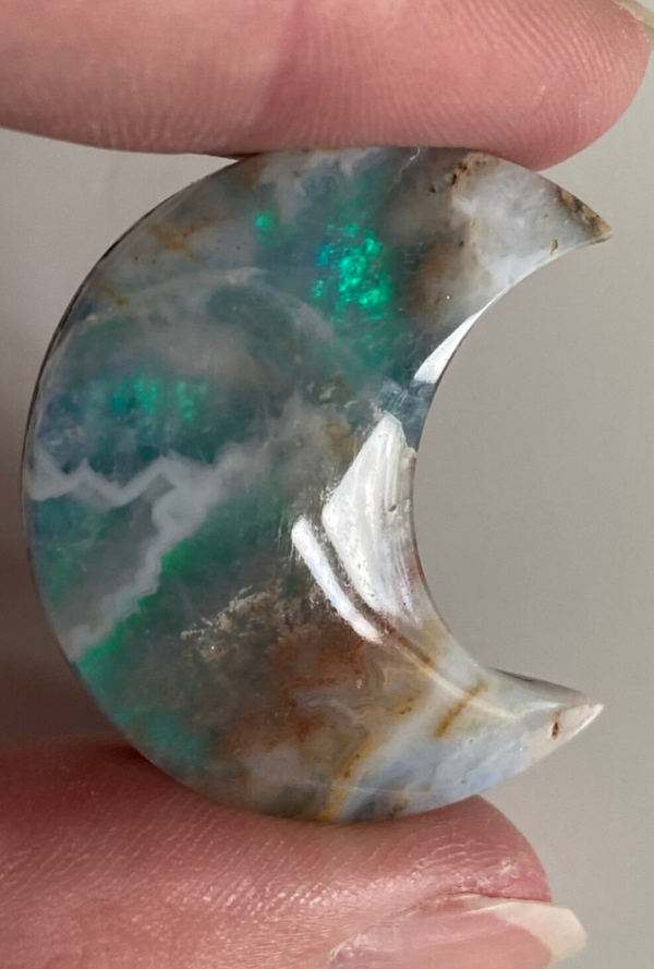 Unique Sky Agate Aurora Crescent Moon Doublet.