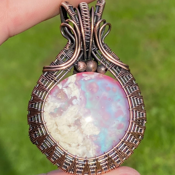 Plume Agate Doublet Wire Wrapped Pendant.
