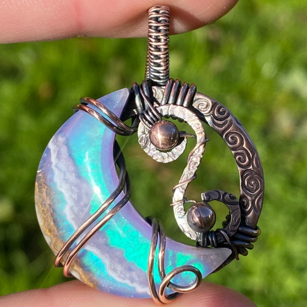 Hunter’s Moon – Crescent Sky Agate Copper Talisman 🌕