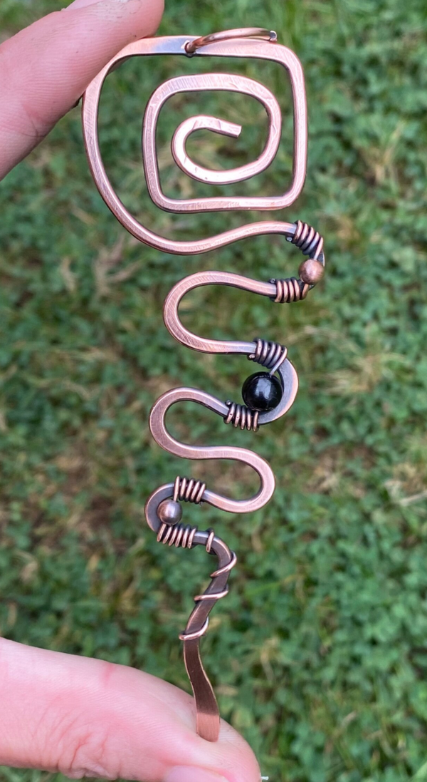 Black Obsidian Spiral Copper Pendant.