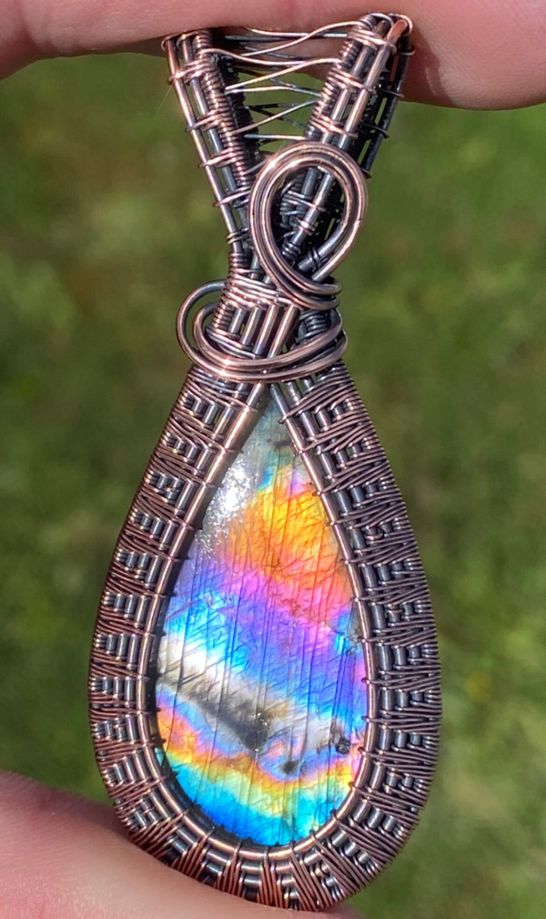 Multi Fire Labradorite Woven Pendant.