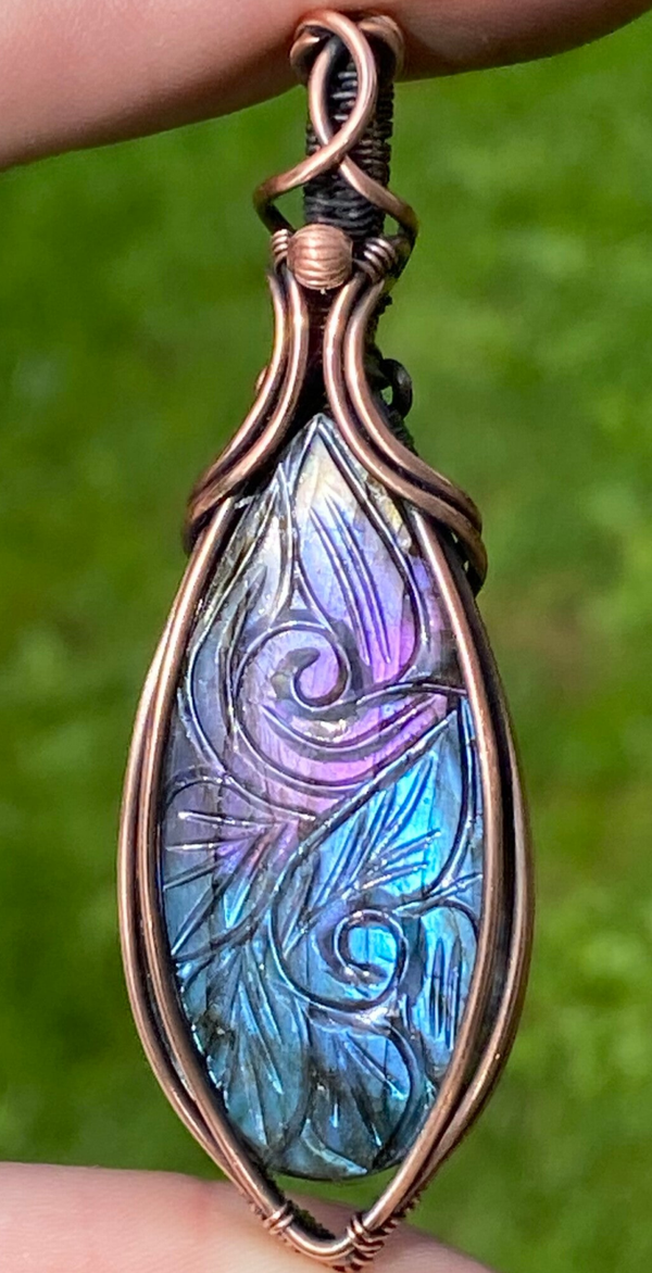 Carved Labradorite Copper Pendant.