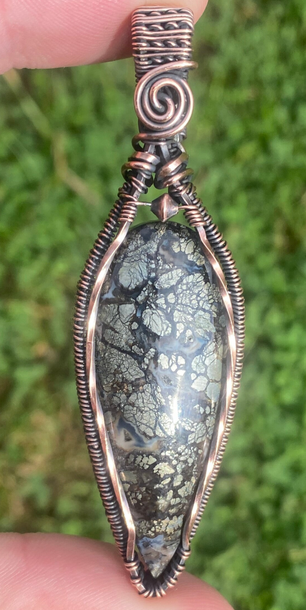 Black Marcasite Copper Wire Wrapped Pendant.