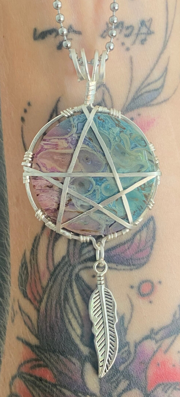 Dyed Palm Root Pentacle Pendant.(Silver filled)
