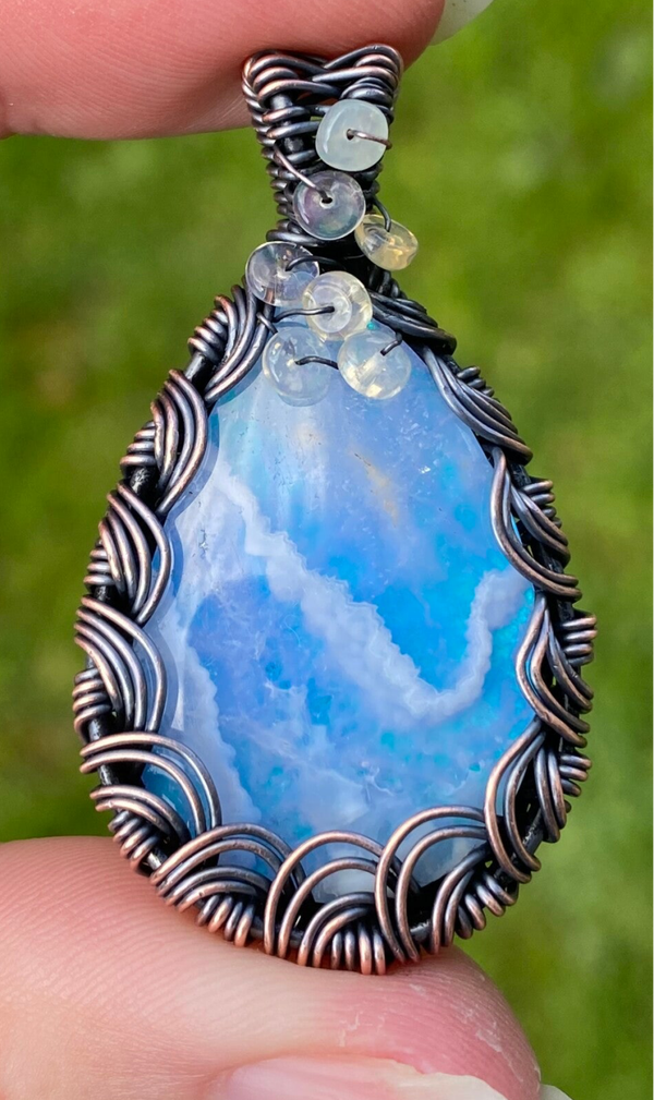 Sky Agate Doublet with Ethiopian Opal Copper Pendant.