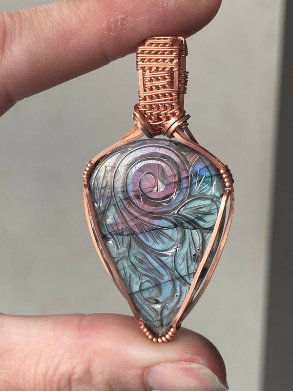 Carved Labradorite Copper Pendant.