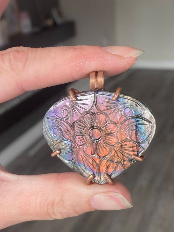 Carved Labradorite Copper Pendant.