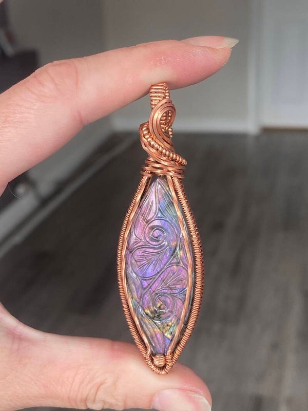 Carved Labradorite Copper Pendant.