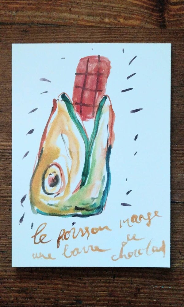 Kaart A6 Le poisson mange une barre de chocolat