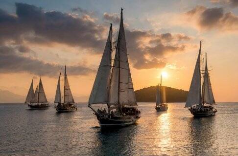 This is a picture of traditional sailing out at sea 