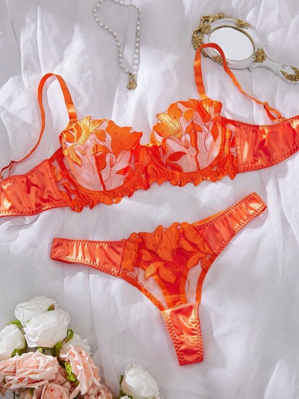 Orange Flower Lace Two Piece Lingerie Set