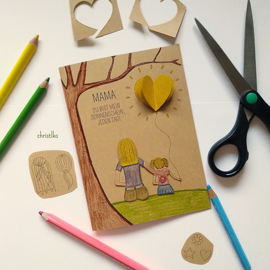 Muttertagskarte basteln mit Kindern für den Muttertag mit kostenloser Vorlage Download PDF DIY Vatertag Muttertagsidee einfache und schnelle Bastelidee Muttertagskarte Karte DIY Christlko personalierbar persönlich 