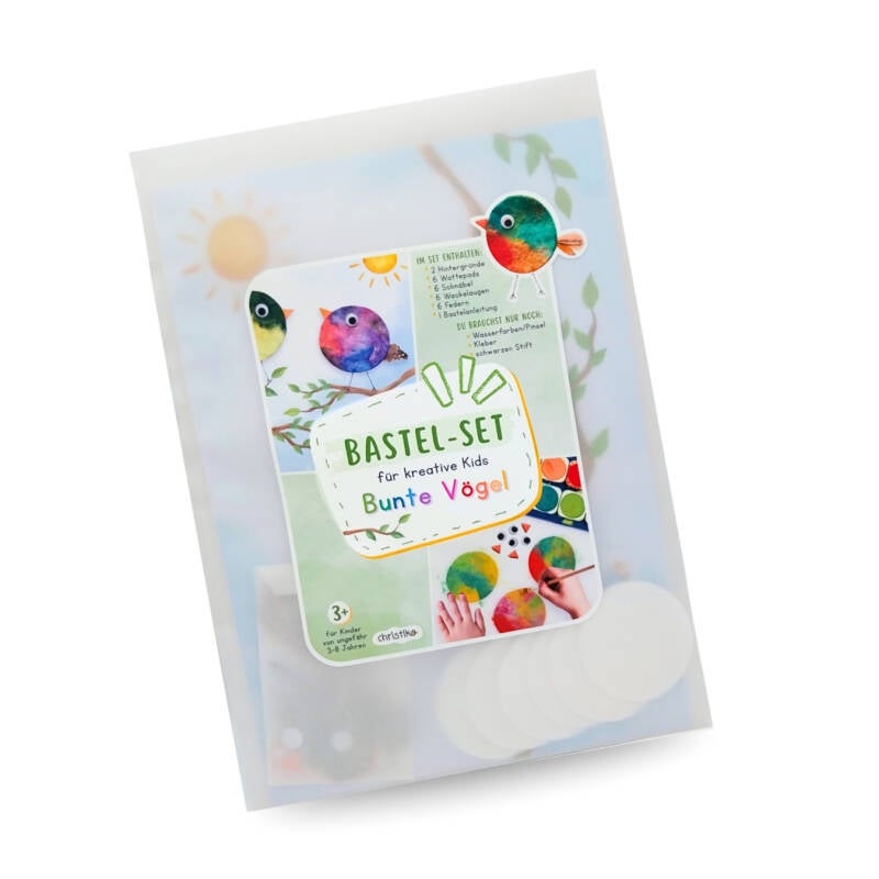 Bastelset: Bunte Vögel, christlko, Christine Kohl, Kreativ-Set, DIY-Set, basteln im Frühling mit Kindern, bunte Vögel basteln, Wattepadvögel, Geschenkidee, Mitgebsel, Frühlingsbastelei
