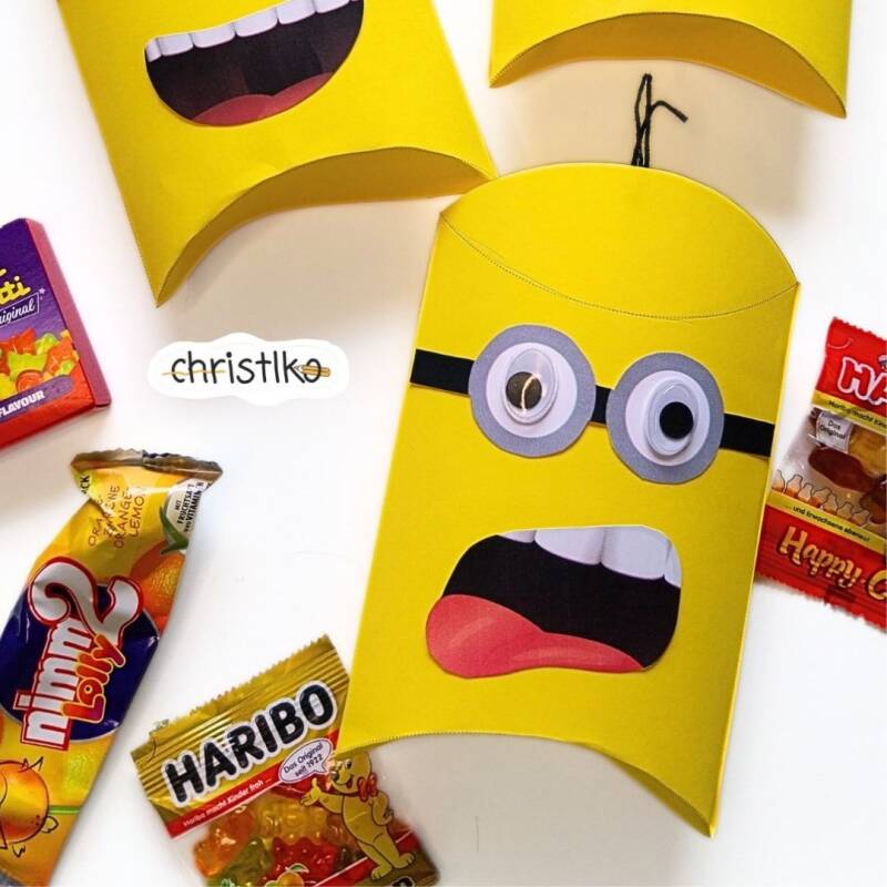 nk Mitbringsel Gastgeschenk Geburtstag Kindergeburtstag Christlko schachtel basteln minion minions Kino kinoeinladung Geburtstagsfeier Kind kinder lustig Wackelaugen gelbe freche Kerlchen gesichter danke vorlage download diy geschenk  