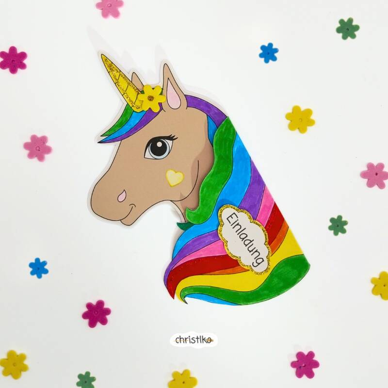 Einhorn Einladung basteln für den Kindergeburtstag Geburtstagseinladung Christlko Unicorn Einhornparty Kinderparty Einladungskarte DIY Vorlage PDF Download mit Text und Partyinfos unter der Mähne 