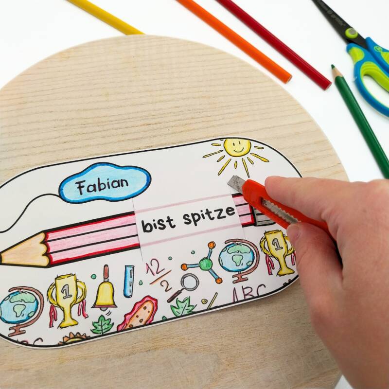 Karte basteln zum Schulanfang Schulstart Schulbeginn erster Schultag mit kleiner Aufmerksamkeit und Mut machen: du bist spitze! Christlko Christine Kohl kostenlose Vorlage schnelle Idee für die Schultüte basteln für Kinder Volksschule Grundschule DIY