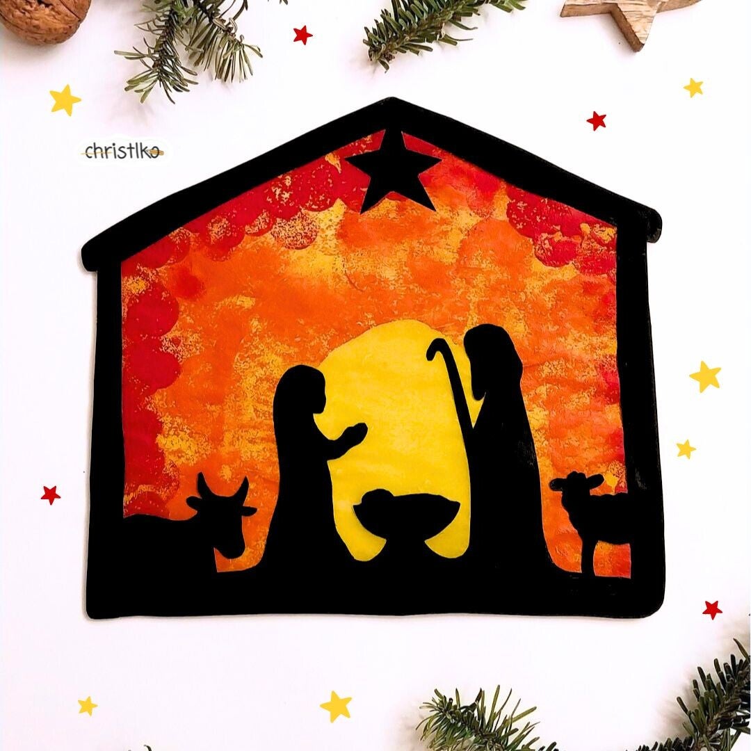 Krippe Weihnachten Weihnachtskrippe basteln kinder kind vorlage download kostenlos kindergarten schule für grundschule volksschule effekt bunt gestalten fensterbild geschenk freebie christlko christine kohl