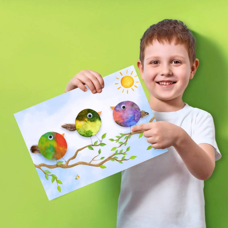 Bastelset: Bunte Vögel, christlko, Christine Kohl, Kreativ-Set, DIY-Set, basteln im Frühling mit Kindern, bunte Vögel basteln, Wattepadvögel, Geschenkidee, Mitgebsel, Frühlingsbastelei