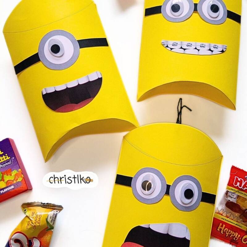 Mitgebsel Dankegeschenk Mitbringsel Gastgeschenk Geburtstag Kindergeburtstag Christlko schachtel basteln minion minions Kino kinoeinladung Geburtstagsfeier Kind kinder lustig Wackelaugen gelbe freche Kerlchen gesichter danke vorlage download diy geschenk 