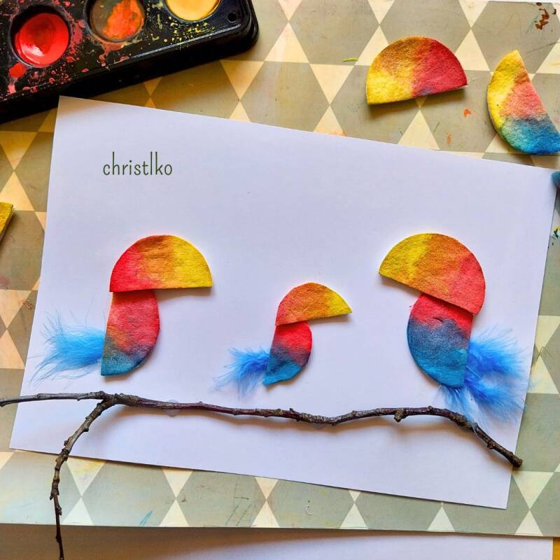 wattepad wattepads basteln kinder mit kind christlko tukan familie naturmaterial naturmaterialien natur farbverlauf kreativ wasserfarbe wasserfarben christlko bunt vogel feder federn kindergarten grundschule volksschule schule in der im wackelauge frühlin