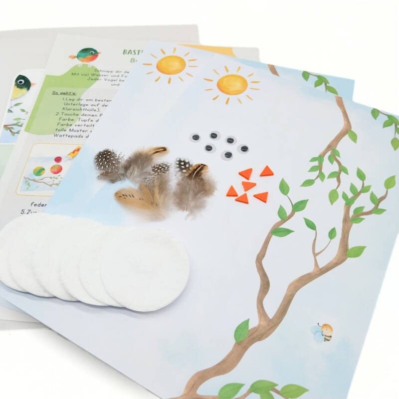 Bastelset: Bunte Vögel, christlko, Christine Kohl, Kreativ-Set, DIY-Set, basteln im Frühling mit Kindern, bunte Vögel basteln, Wattepadvögel, Geschenkidee, Mitgebsel, Frühlingsbastelei