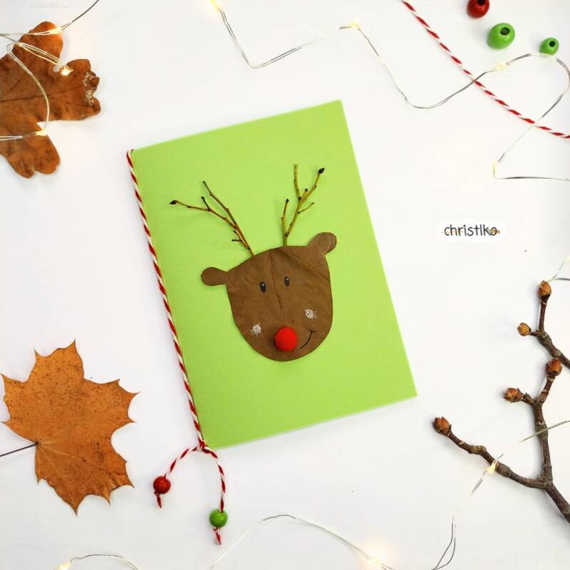 Weihnachtskarte Rentierkarte Rentier Rudolf Weihnachten Weihnachtsgrüße Basteln mit Kindern Christlko basteln mit Naturmaterialien natur kita hort schule kindergarten elch bastelidee für 