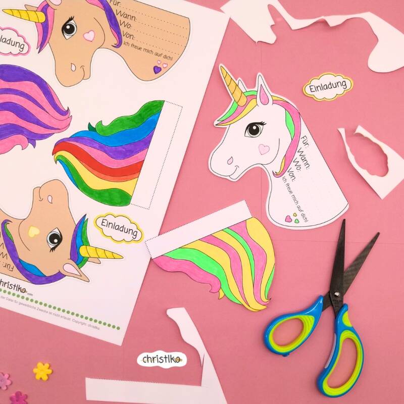 Einhorn Einladung basteln für den Kindergeburtstag Geburtstagseinladung Christlko Unicorn Einhornparty Kinderparty Einladungskarte DIY Vorlage PDF Download mit Text und Partyinfos unter der Mähne 