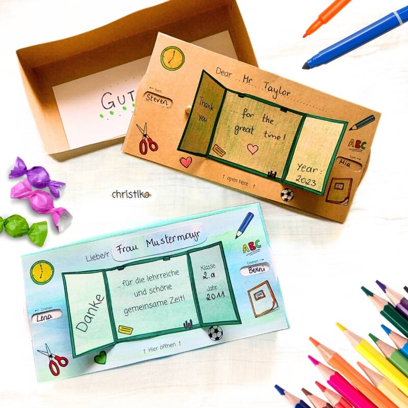 Lehrergeschenk geschenkidee für lehrer lehrerinnen danke sagen schüler namen unterschreiben karte abschiedsgeschenk für christlko basteln kinder volksschule grundschule schule vorlage ausdrucken geschenk schachtel 