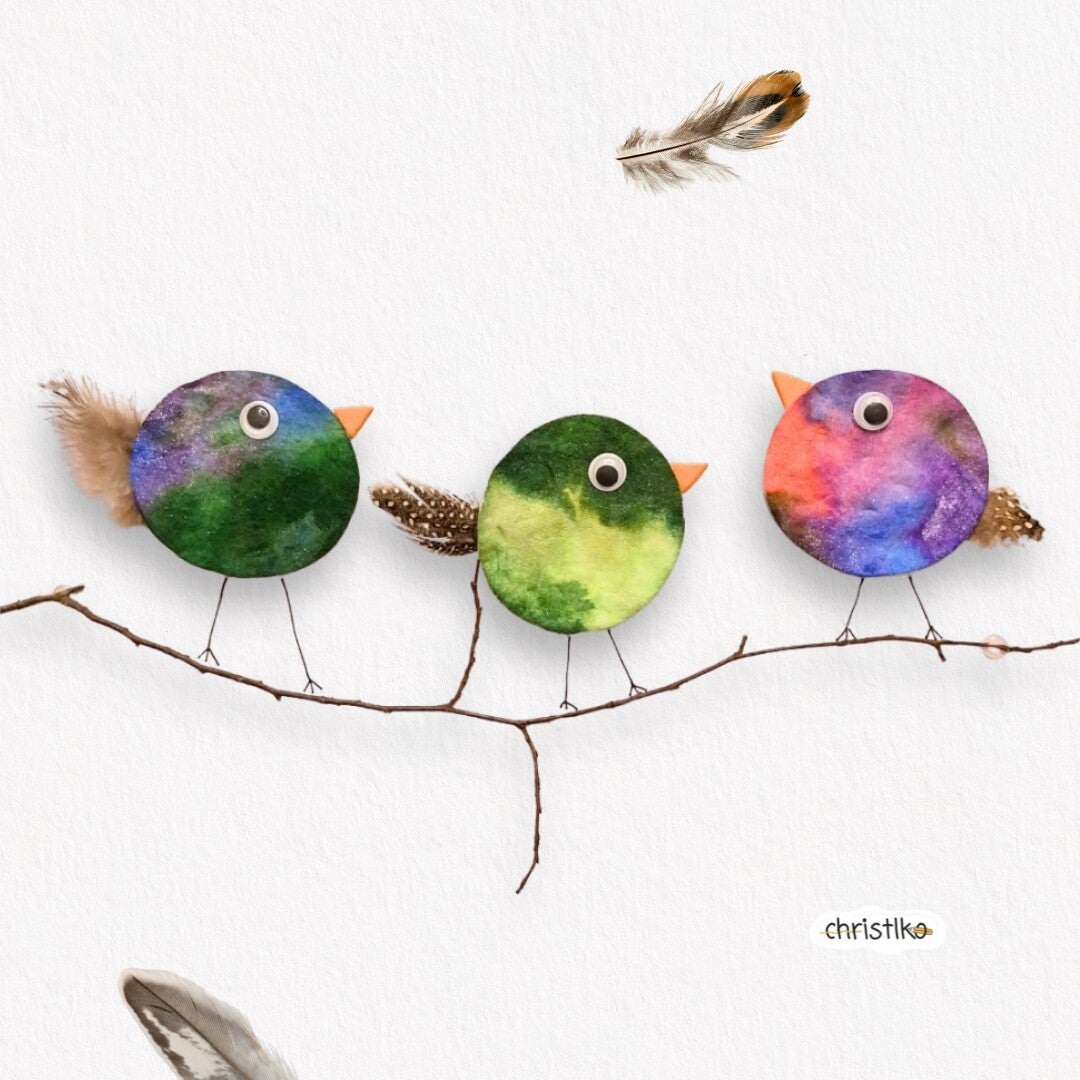 Alle Vögel sind schon da basteln kind kleinkind mit wattepad wattepads wasserfarben bunt effekt vögel vogel wasser spaß wackelaugen kindergarten kinder schule grundschule volksschule basteln mit federn natur naturkind naturmaterial naturmaterialien naturs