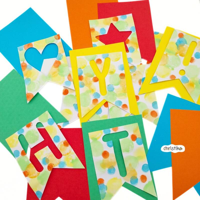 Geburstagsgirlande Kindergeburstag Girlande selber gestalten basteln mit Kindern bunt Vorlage Wimpelkette Geburtstag DIY Christlko Geburstagsdeko Partydeko Bastelidee nachhaltig papier