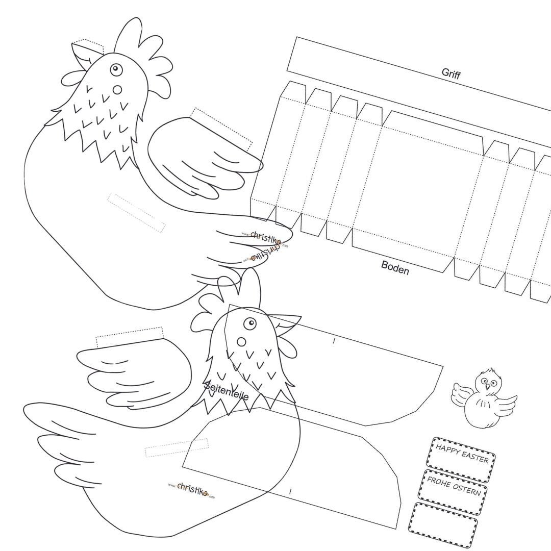Huhn Henne basteln ostern osterkorb korb osterkörbchen papier körbchen mit kinder kindern kind in der schule im kindergarten volksschule grundschule diy vorlage download datei druckvorlage kreativ osternest ostereier eierkorb christlko christine kohl