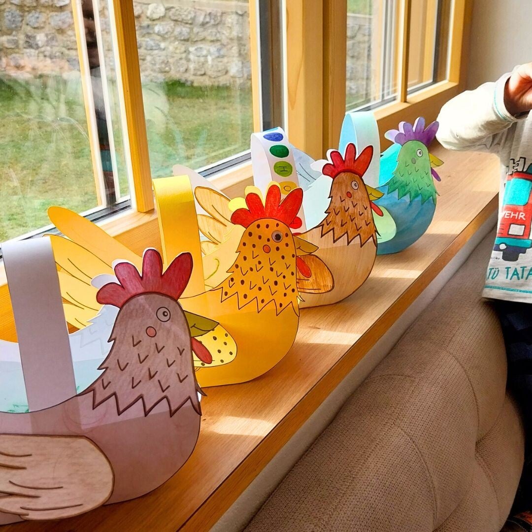 Huhn Henne basteln ostern osterkorb korb osterkörbchen papier körbchen mit kinder kindern kind in der schule im kindergarten volksschule grundschule diy vorlage download datei druckvorlage kreativ osternest ostereier eierkorb christlko christine kohl