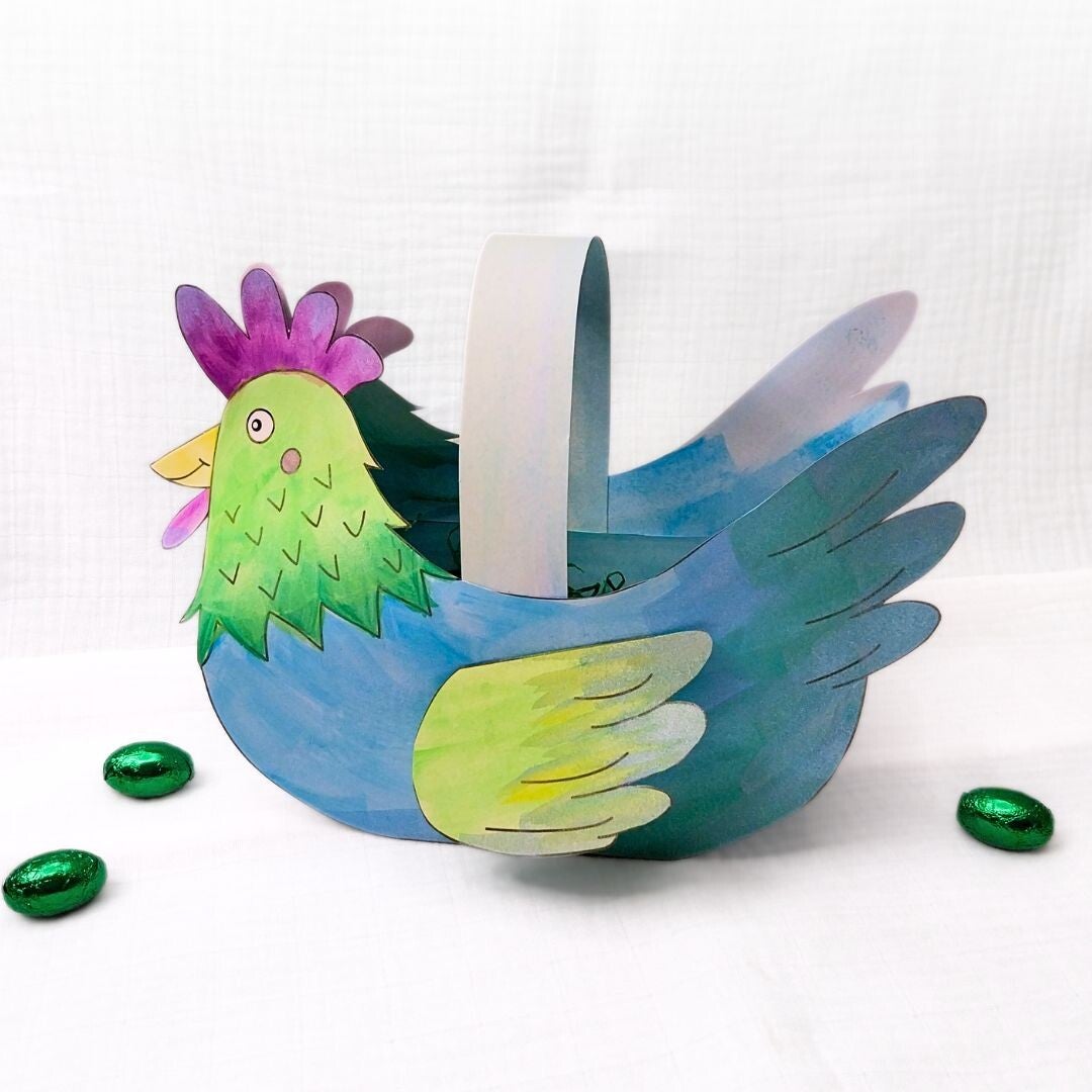 Huhn Henne basteln ostern osterkorb korb osterkörbchen papier körbchen mit kinder kindern kind in der schule im kindergarten volksschule grundschule diy vorlage download datei druckvorlage kreativ osternest ostereier eierkorb christlko christine kohl