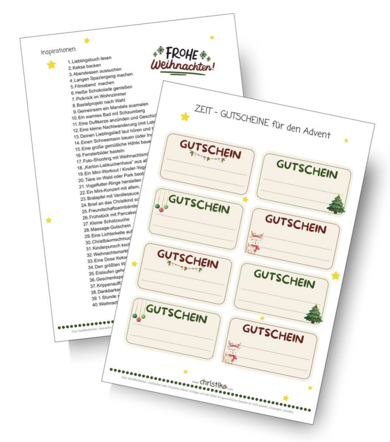 Adventskalender Gutscheine für Kinder mit Ideen, christlko, Zeitgutscheine, kostenlose Vorlage zum Download, Last minute Adventskalender, DIY, Basteln für Kinder, besinnlicher Advent, schöne Weihnachtszeit mit Kindern, Zeit statt Zeug