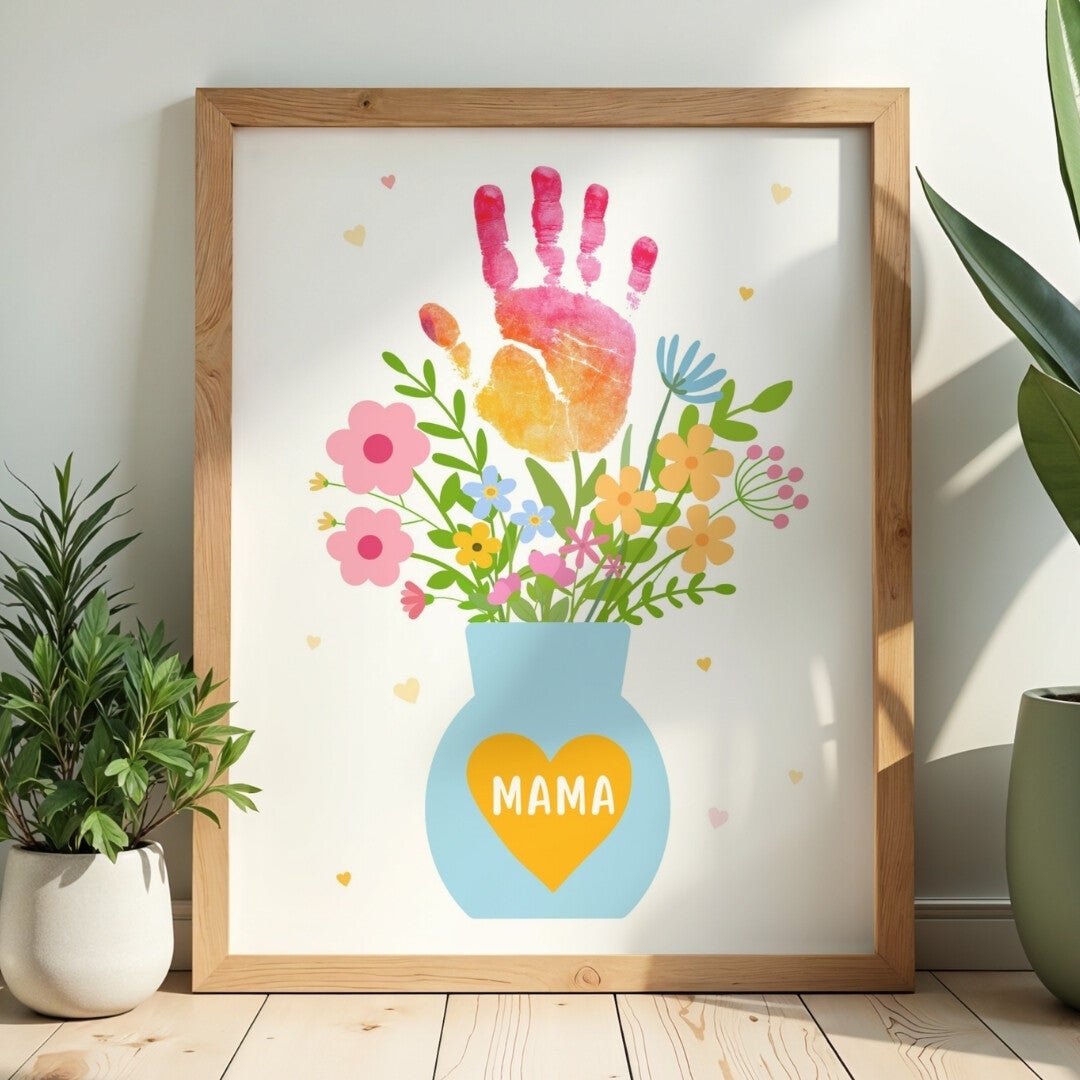 Handabdruck Blumenstrauß  - Vorlage zum Ausdrucken - Geschenk Muttertag Kinder DIY
