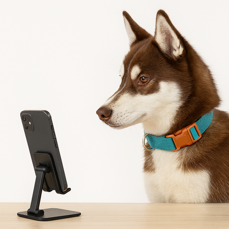 husky istuu pöydän vieressä ja katsoo kännykkää