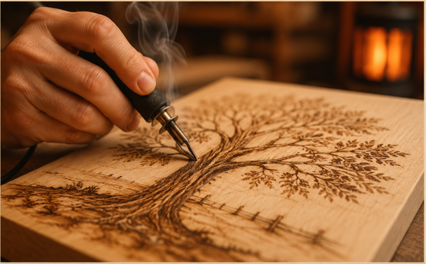 Workshop Pyrografie (houtbranden) 1 dagdeel (privé) workshop pyrografie (min. 1 max. 4 personen) datum in overleg (prijs per persoon!)
