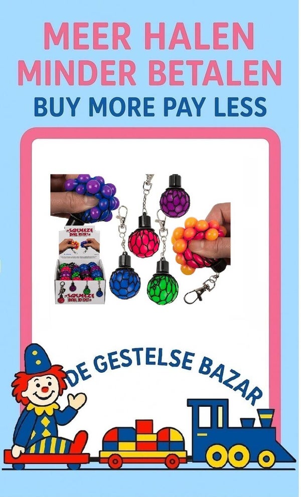 Art nr 420 Squeeze Bal in Net met Sleutelhanger assorti kleuren