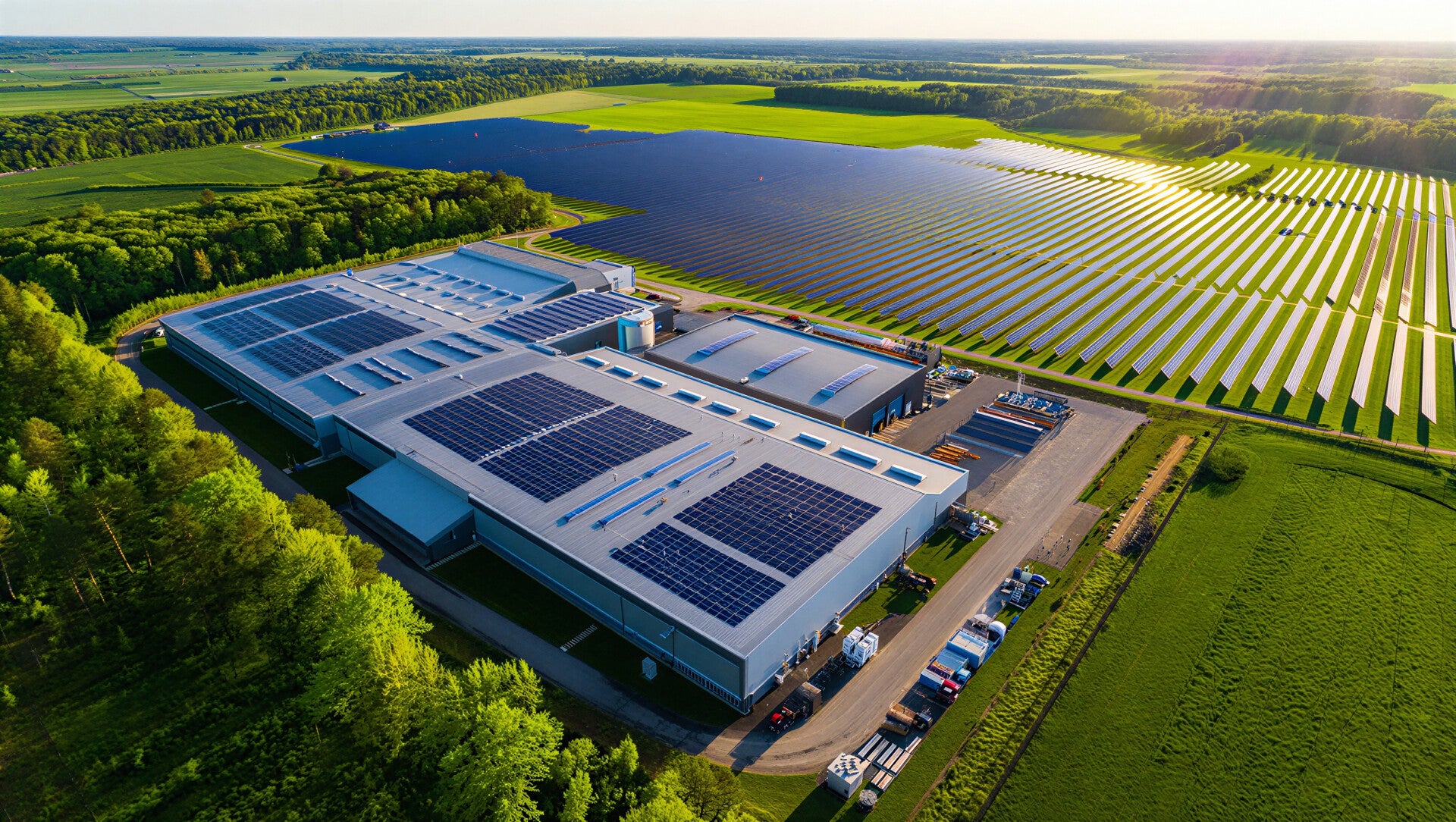 Eco-conscious warehouse interior powered entirely by renewable energy and zero-carbon heating