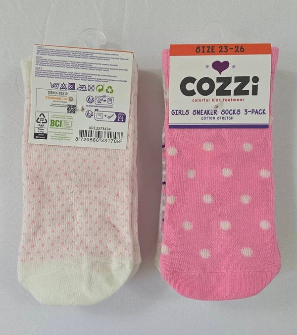 COZZI Kinder Sneaker Sokken – 3-Pack (Maat 23–26)