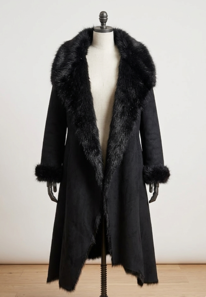 Vintage‑Style Suède Look Jas met Bontkraag ( faux fur )