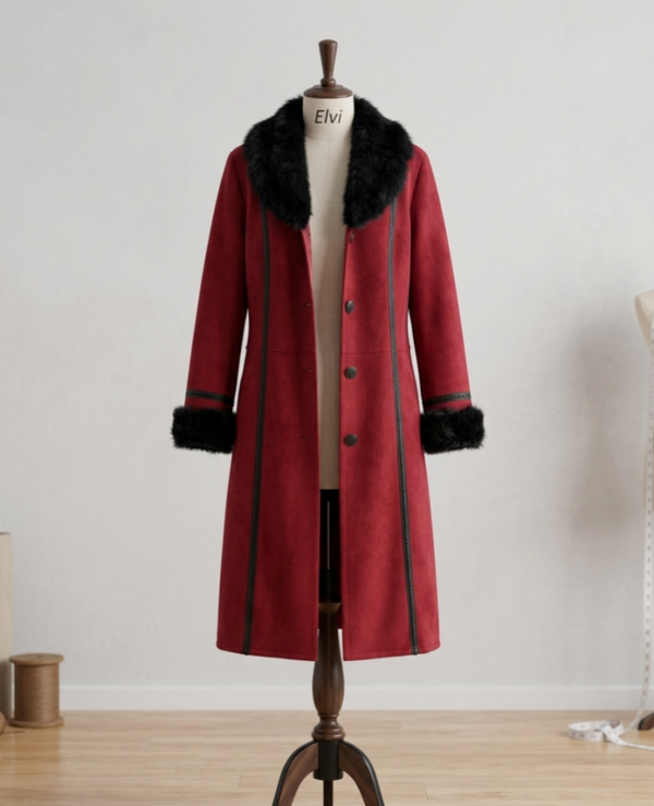 Rode Suède‑Look Jas met Zwarte Faux‑Fur