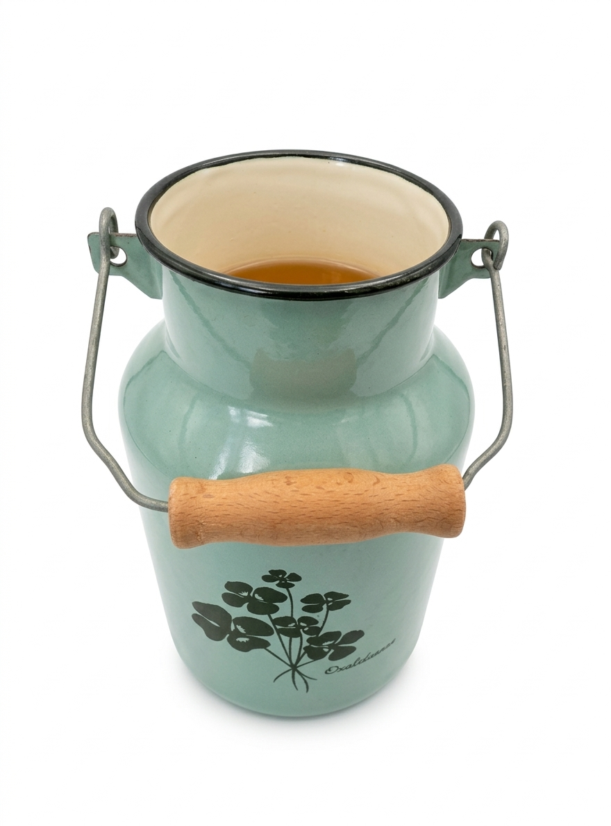 Jaren 70 mintgroene melkbus van emaille. Maat: 23 cm hoog en 14 cm breed.