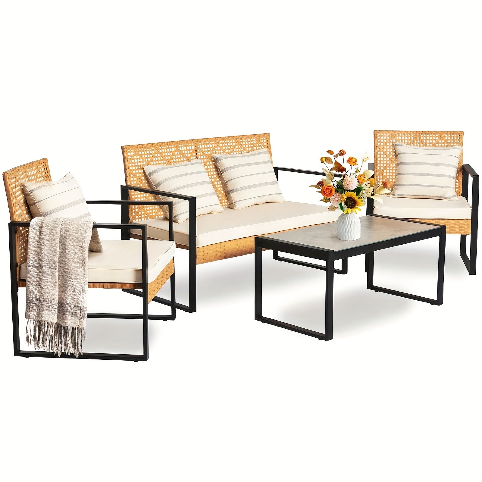 4pcs Outdoor Patio Furniture Set, Stylish Conversation Soft Set Outdoor Rattan Wicker Table And Chairs With Cushions For Garden Courtyard And Balcony