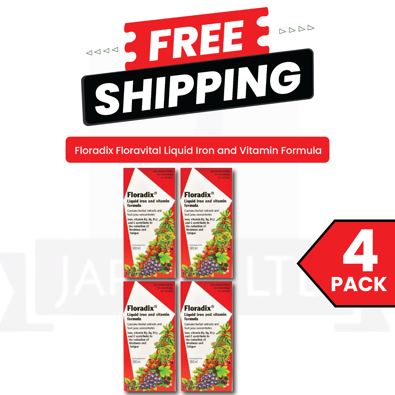 Floradix Liquid Iron & Vitamin Formula Energy & High Absorption 500ml Pack of 4