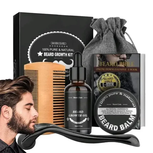 5pcs Beard Growth Kit for Men – Beard Oil, Cream, Conditioner & Double-Sided Comb Grooming Set