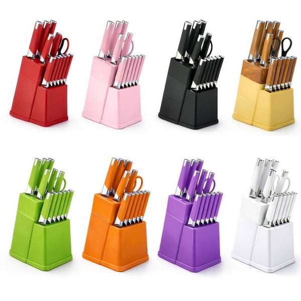 13pcs All-in-One Kitchen Knife Set with Holder - Includes 6 Steak Knives, Chef Knife, Bread Knife & Scissors -  Sharp & Durable Cooking Tools